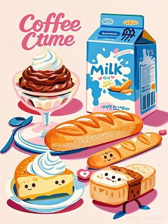 Illustration of coffee dessert, milk carton, baguette and toast with smiling faces