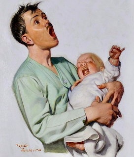 Father in green shirt holds crying baby with distressed expression in vintage illustration