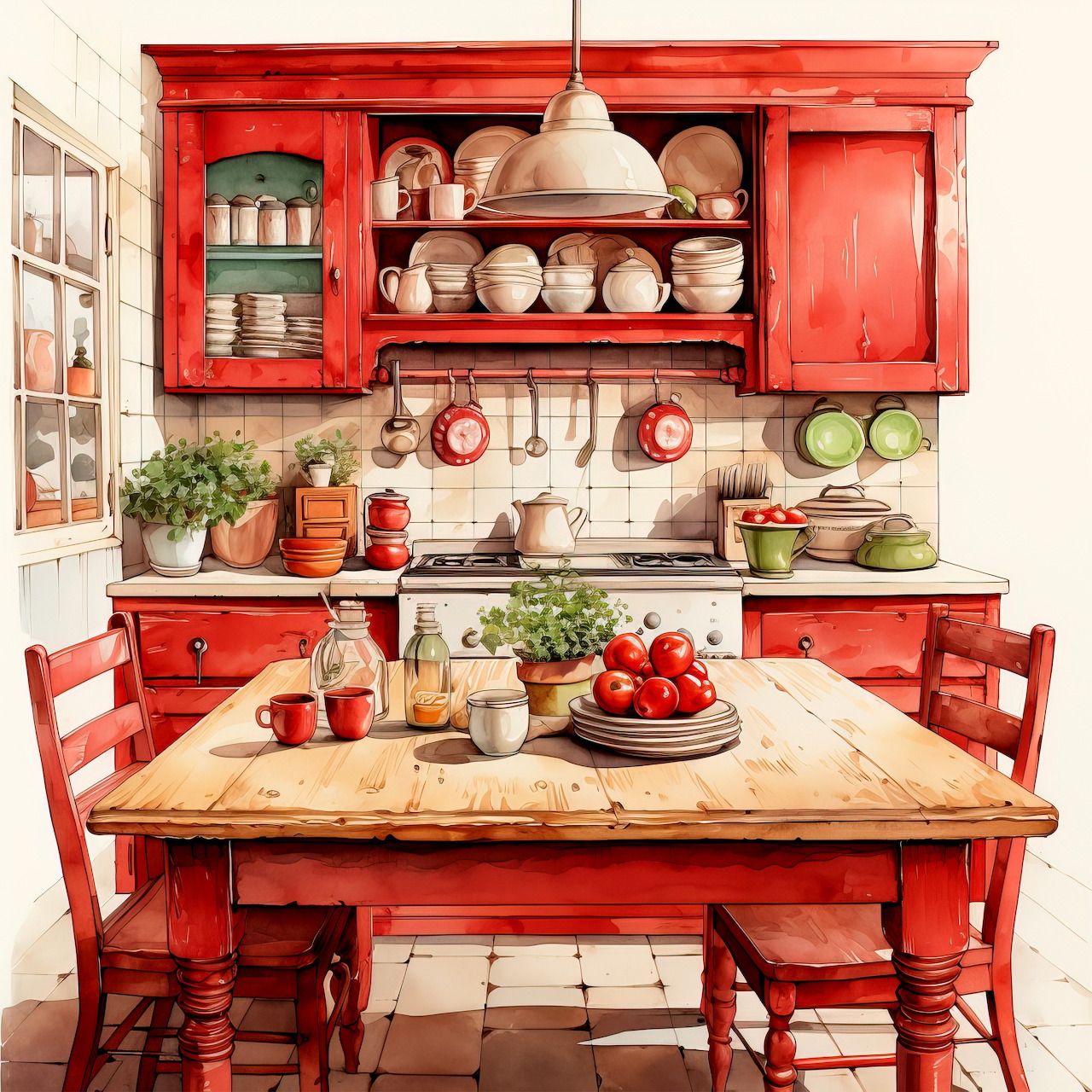 Rustic country kitchen with red cabinets, wooden table, and vintage dishes on open shelves