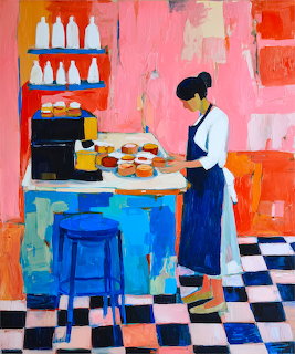 Colorful painting of baker working at kitchen counter with desserts and blue stool