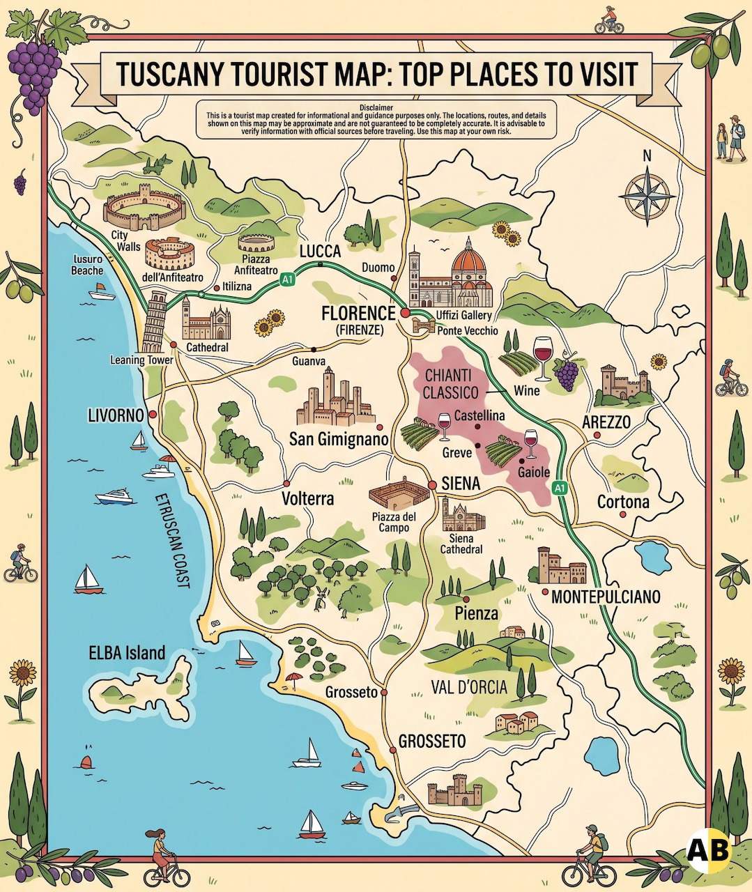Illustrated tourist map of Tuscany Italy showing cities, landmarks, and attractions with colorful icons