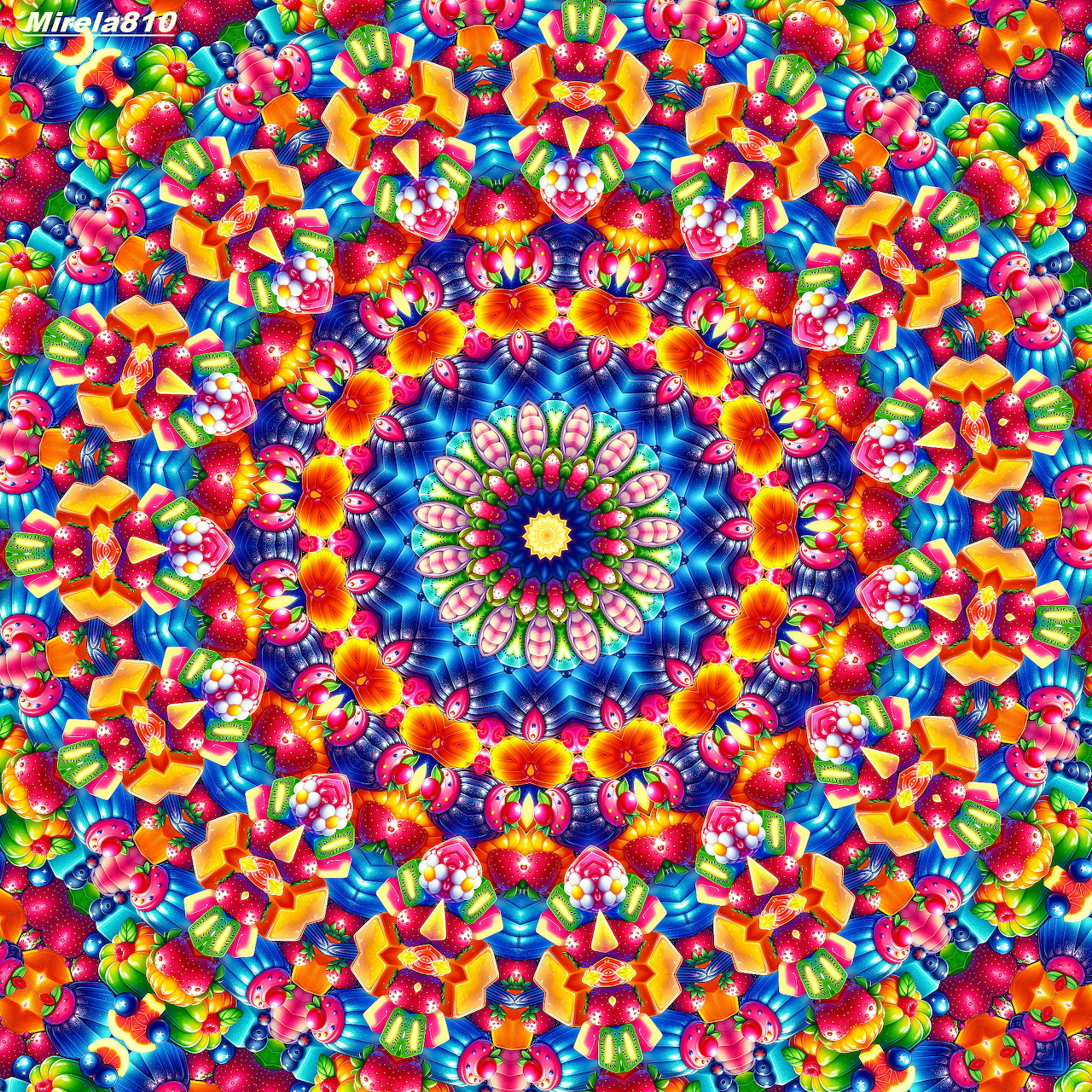 Colorful symmetrical mandala with radiating floral patterns in rainbow hues forming concentric circles