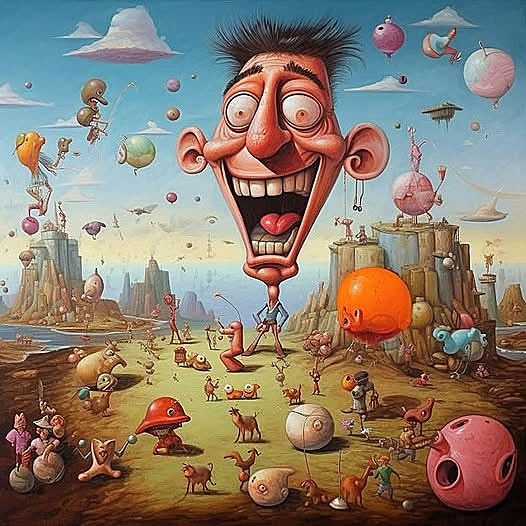 Surreal cartoon scene with a giant smiling head over a fantastical landscape and floating objects