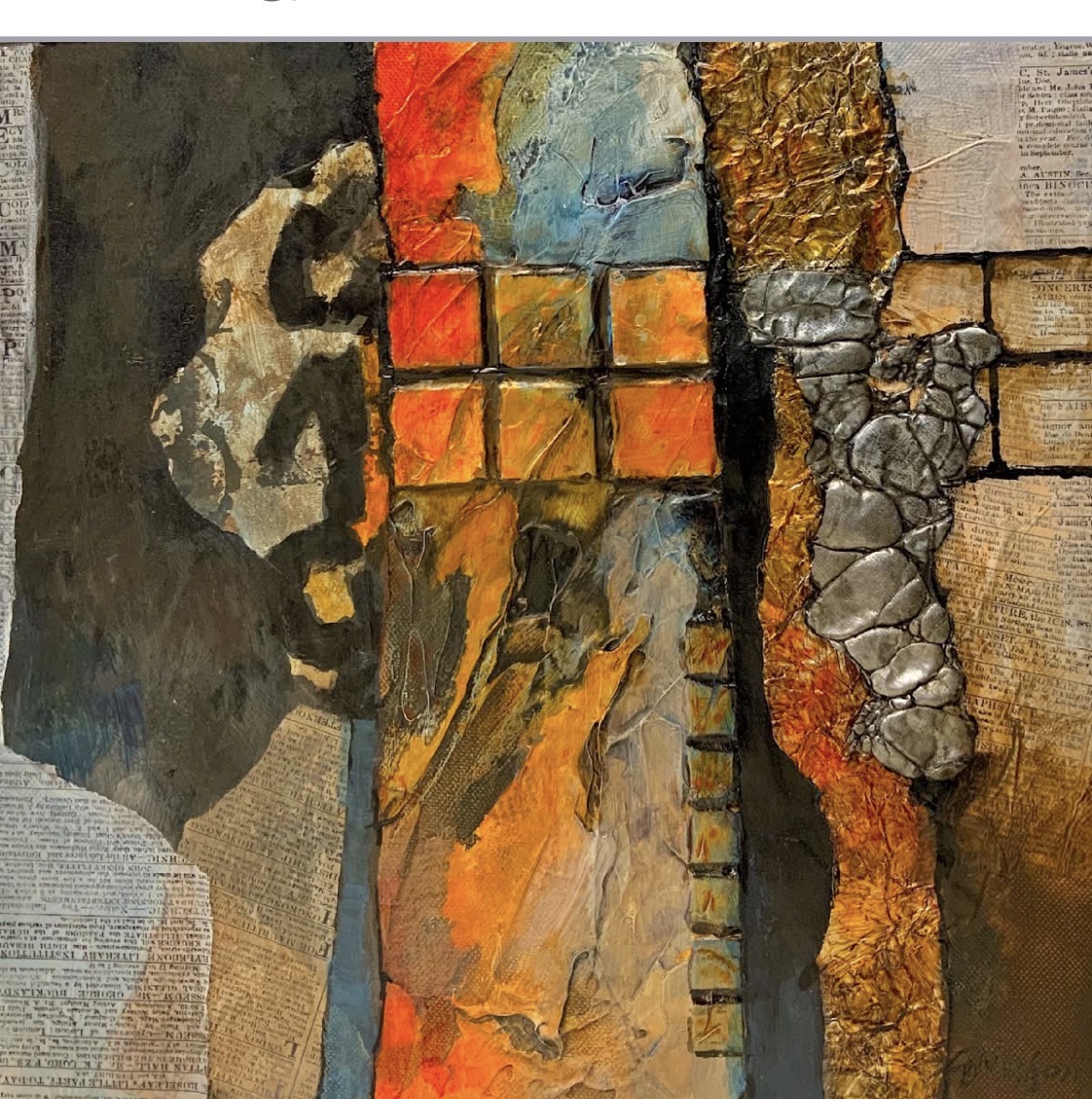 Abstract textured painting with cracked patterns and orange, blue, brown, and gray blocks