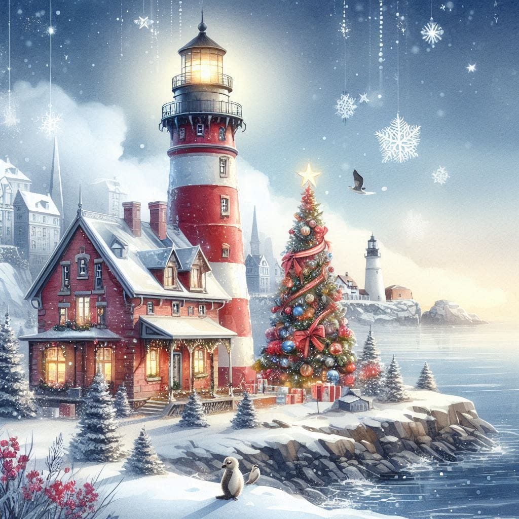 Red and white lighthouse beside decorated Christmas tree and cottage on snowy coast with falling snowflakes