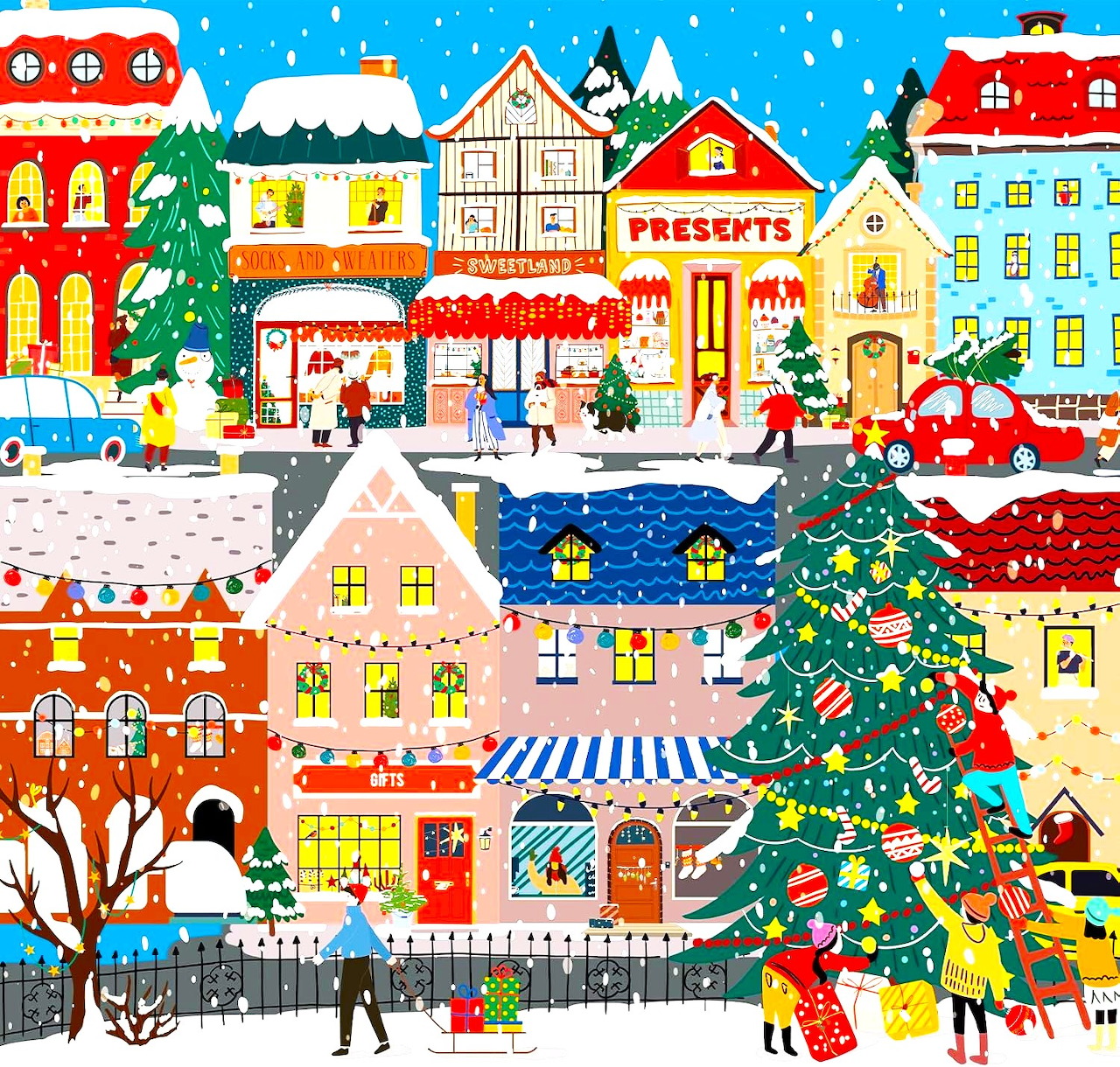Colorful illustrated winter village with Christmas tree, shops, people, and snow