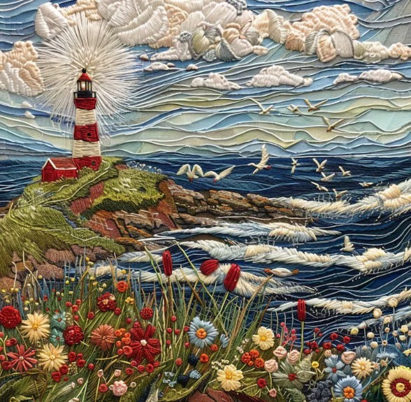 Textile quilt artwork showing lighthouse by ocean with flowers and dramatic cloudy sky