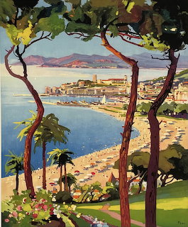 Vintage travel poster of Cannes beach with pine trees, blue sea, and coastal town buildings