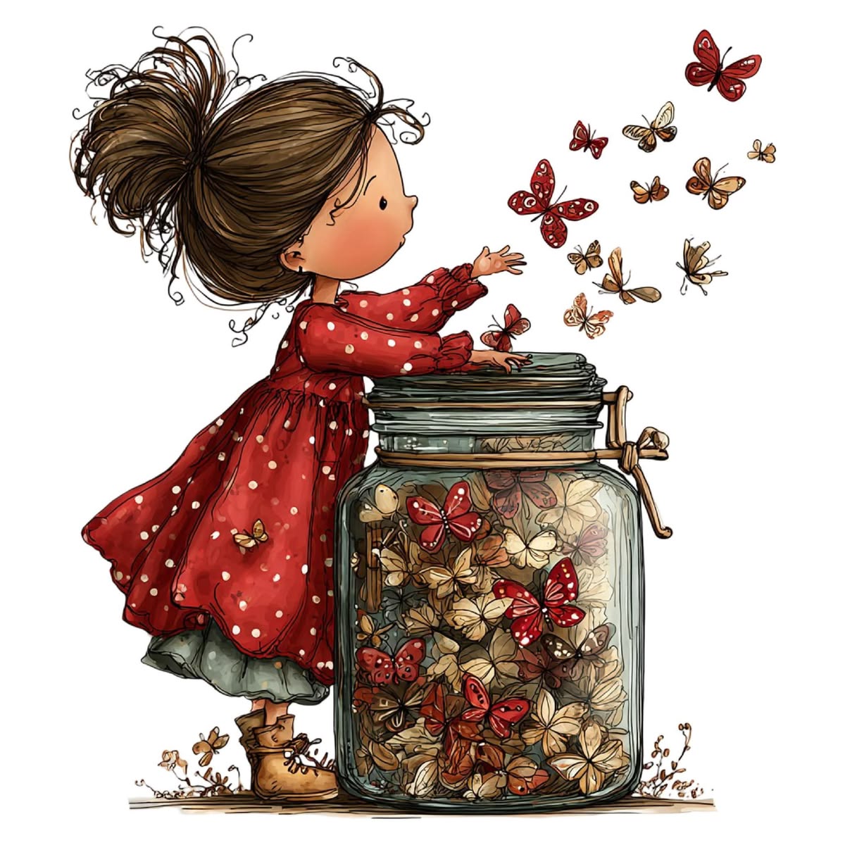 Young girl in red dress releasing butterflies from a glass jar