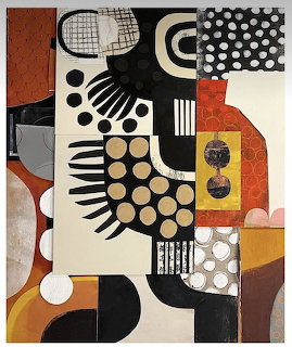 Abstract collage with geometric shapes, circles, dots, and patterns in orange, brown, black, and cream tones