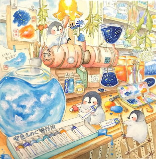 Illustrated penguins in a cluttered art studio with paints, brushes, papers, and a large blue bowl