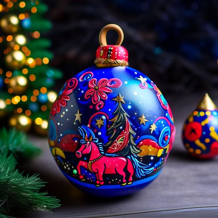Blue painted Christmas ornament with colorful folk art patterns and a pink horse on a table