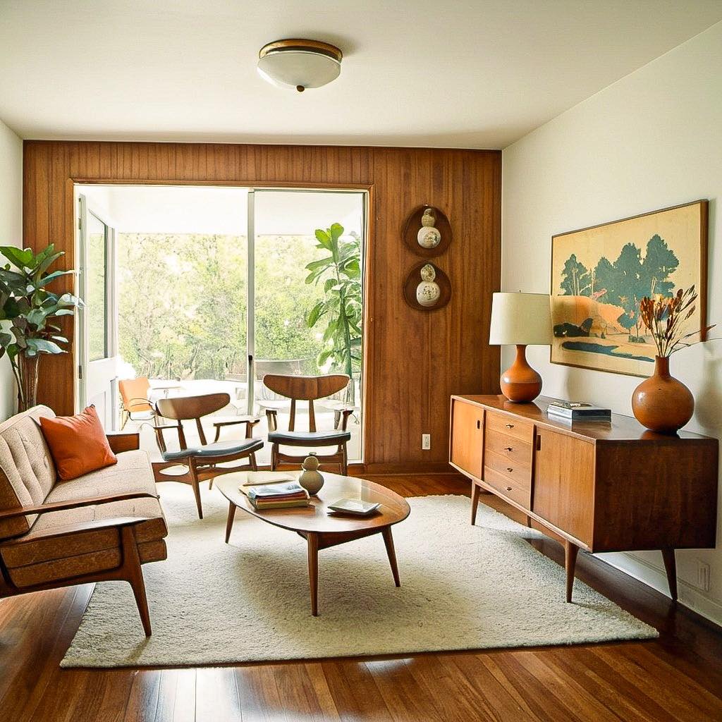 Mid-century modern living room with wood walls, sofa, chairs, coffee table, and sliding glass door