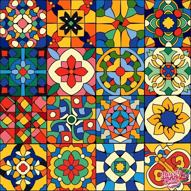 Colorful decorative tile mosaic with geometric and floral patterns in red, blue, yellow, and green