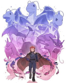 Anime illustration of Lance with dragon-type Pokemon team in purple and blue gradient