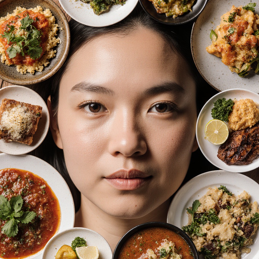 Close-up portrait of woman with multiple food dishes arranged around her face