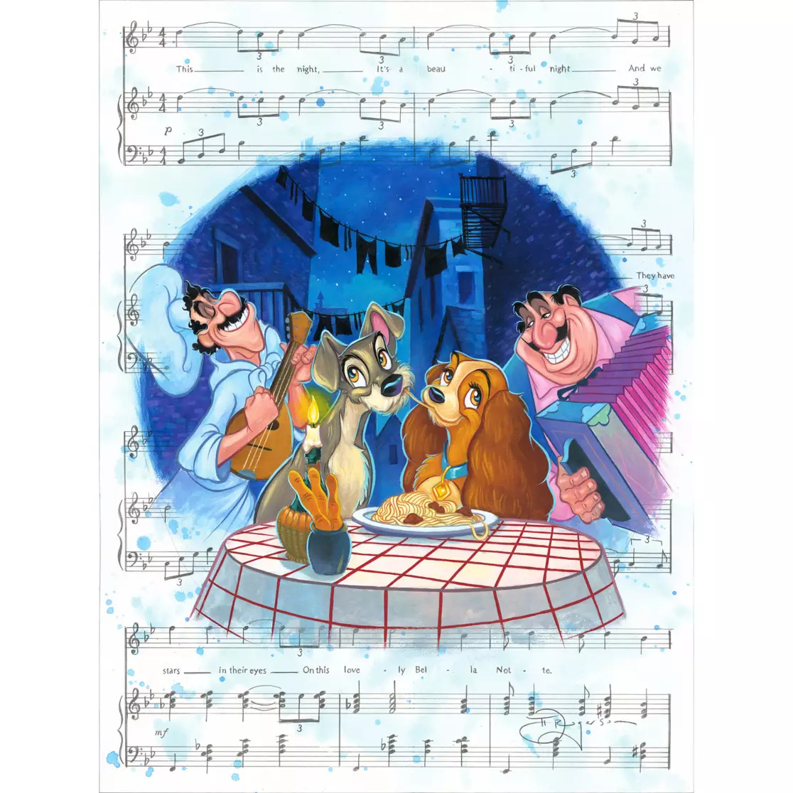 Animated dogs dining romantically by candlelight with castle and music notes