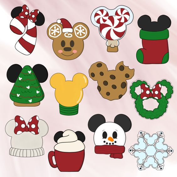 Collection of Mickey Mouse shaped Christmas cookies and holiday treats with candy canes and ornaments