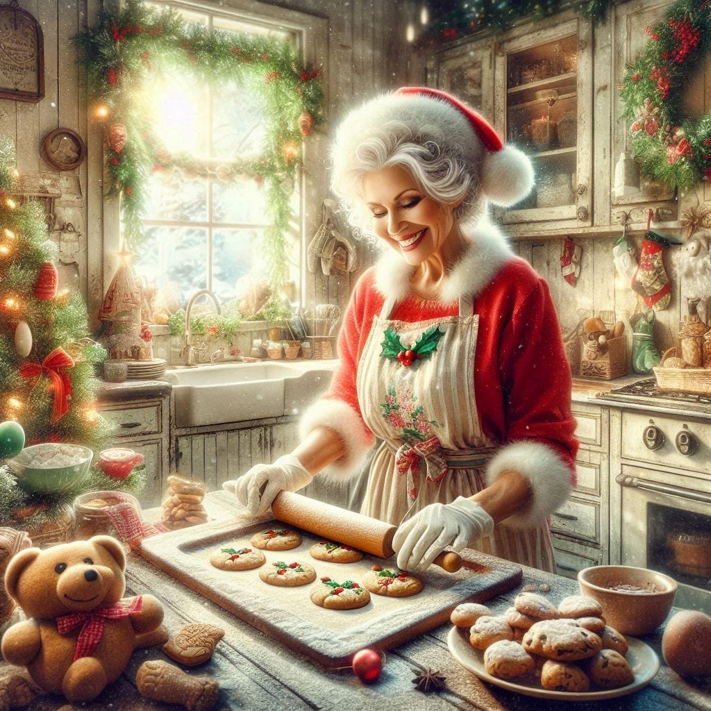 Mrs Claus in red outfit and Santa hat baking cookies in decorated Christmas kitchen