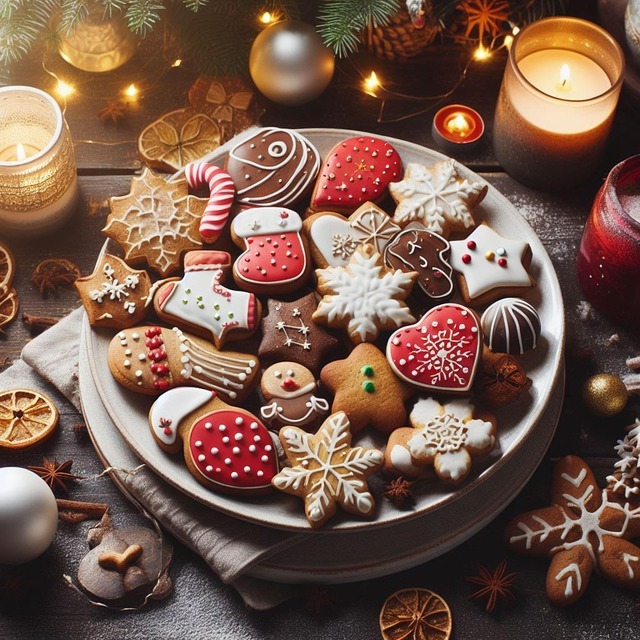 Plate of decorated Christmas cookies surrounded by candles and holiday ornaments
