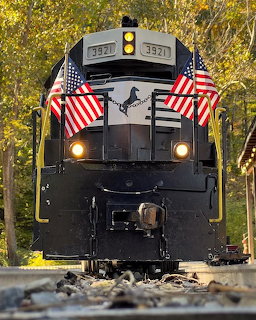 Front view of NS 3921 diesel locomotive with American flags on railroad tracks