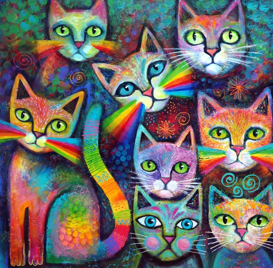 Colorful abstract illustration of multiple cats with rainbow patterns and swirling designs