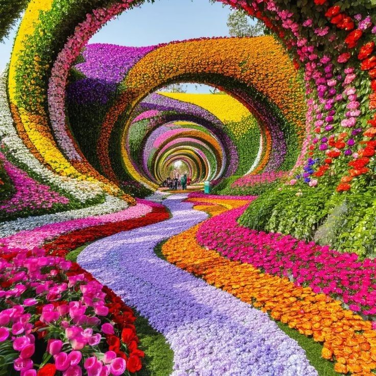 Colorful tunnel made of rainbow flowers with curved striped path leading through arched garden structure