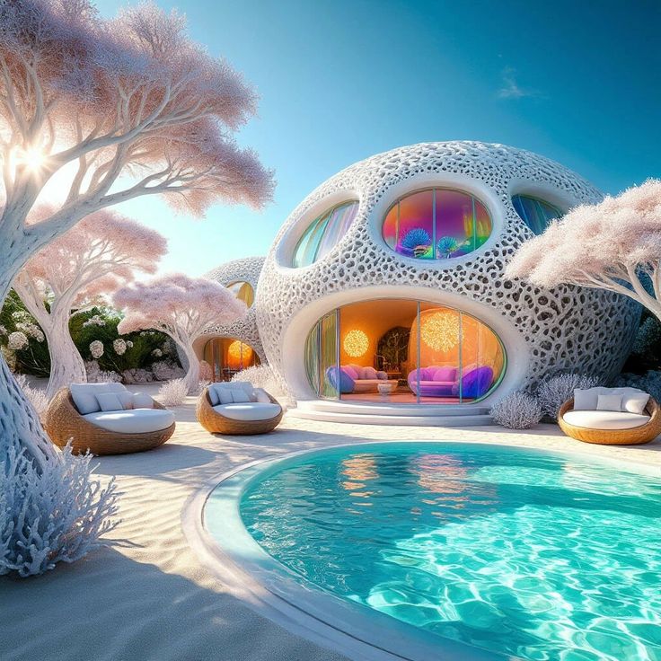 Futuristic bubble dome house with glowing interior next to swimming pool in surreal pink landscape