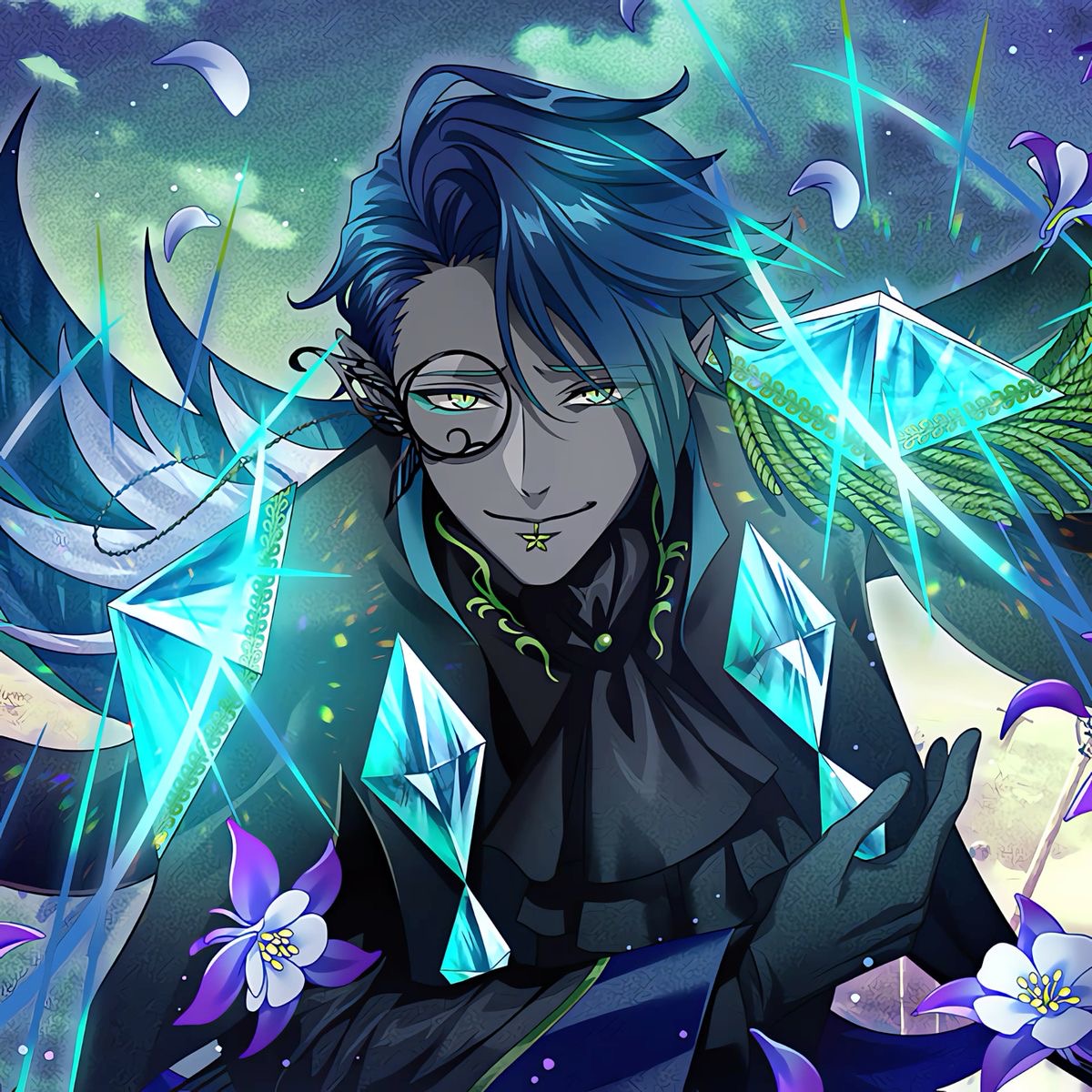 Anime character Fidel with blue hair surrounded by glowing crystals and butterflies