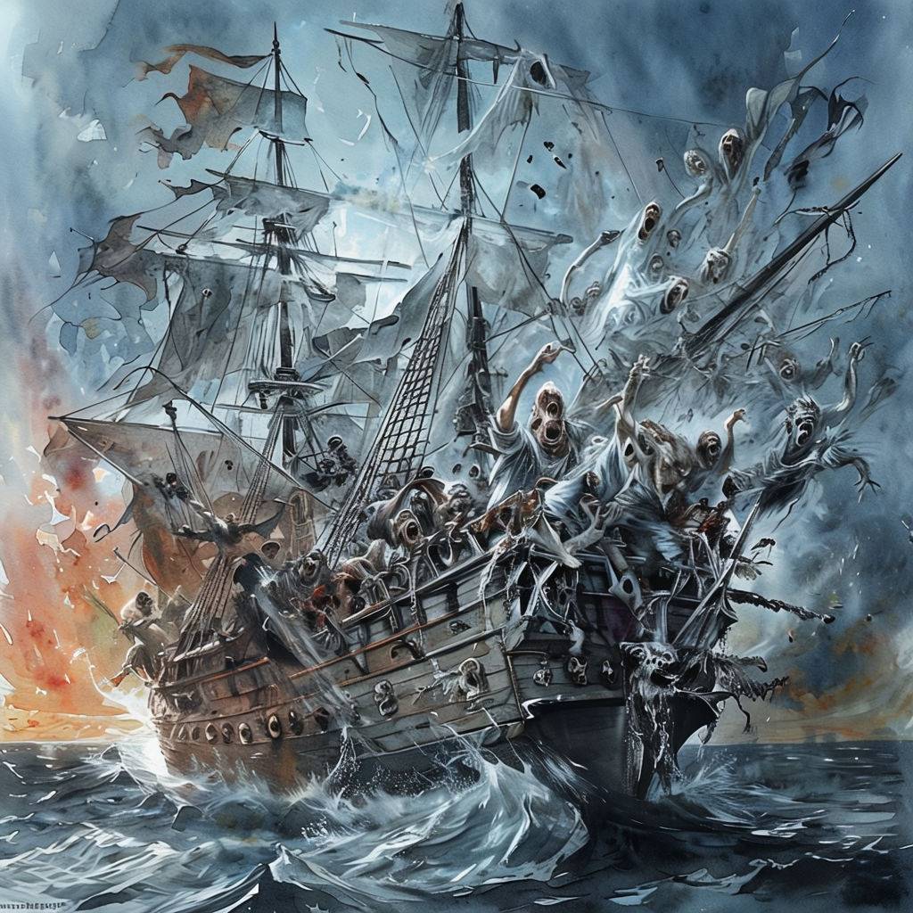 Skeleton crew on a ghostly pirate ship with tattered sails sailing through stormy waters under dramatic skies