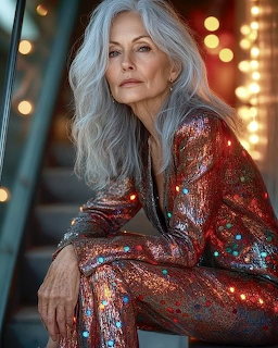 Silver-haired woman wearing a red sequined suit, seated against warm blurred lights.