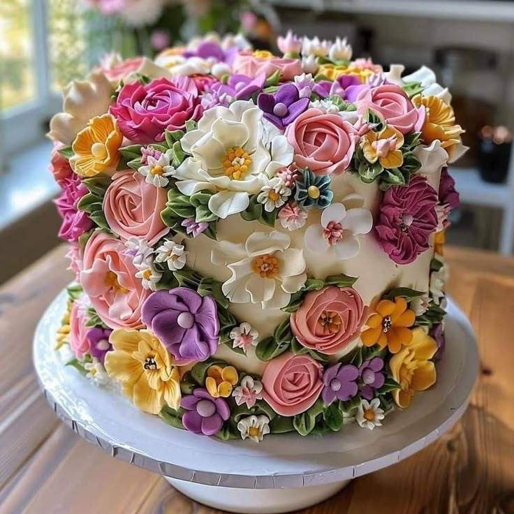 Colorful floral cake covered in pink, yellow, purple, and white icing flowers on a white cake stand