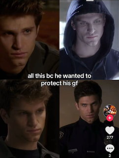 Four-panel collage of a young man from Pretty Little Liars TV show in various dramatic scenes