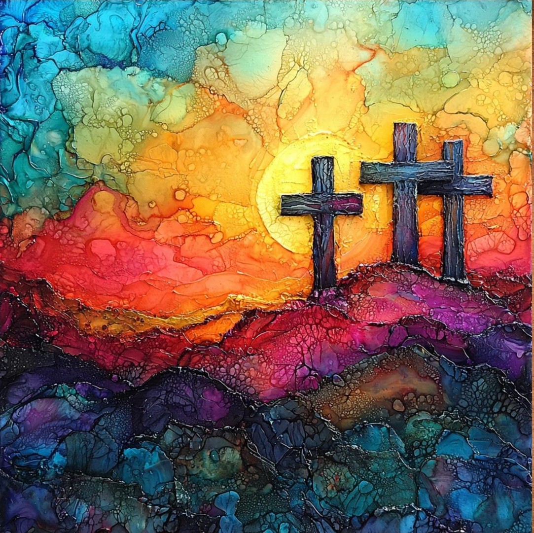 Watercolor painting of three crosses on a hill at sunset with vibrant sky colors
