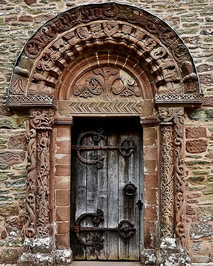 Elaborately carved Romanesque stone portal with wooden door and ironwork, Kilpeck Church, England