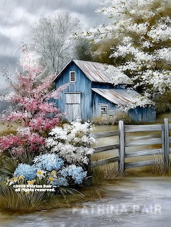 Painting of a blue rustic barn surrounded by white and pink spring blossoms and a wooden fence