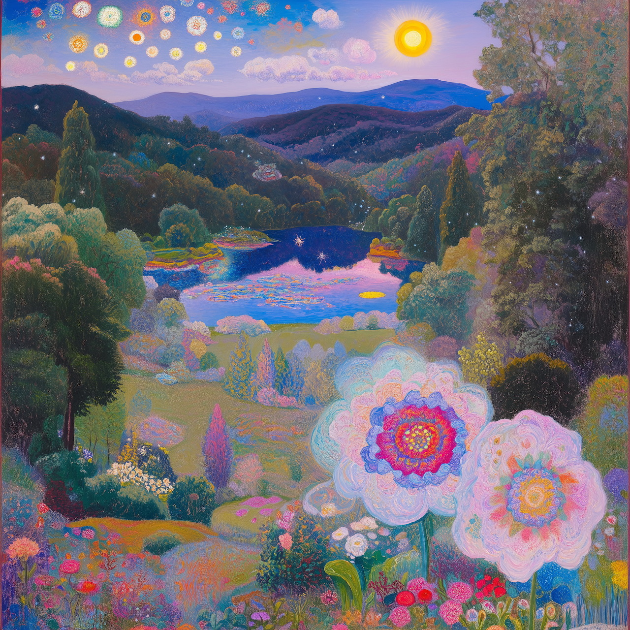 Surreal painting of giant flowers overlooking a lake surrounded by hills under a sky filled with colorful orbs and a bright sun