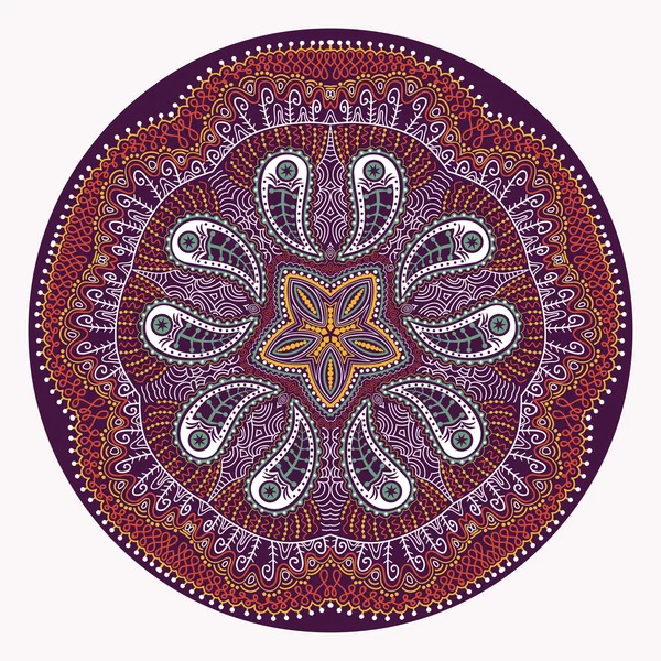 Circular mandala with detailed geometric patterns in burgundy, pink, and white with symmetrical ornamental elements