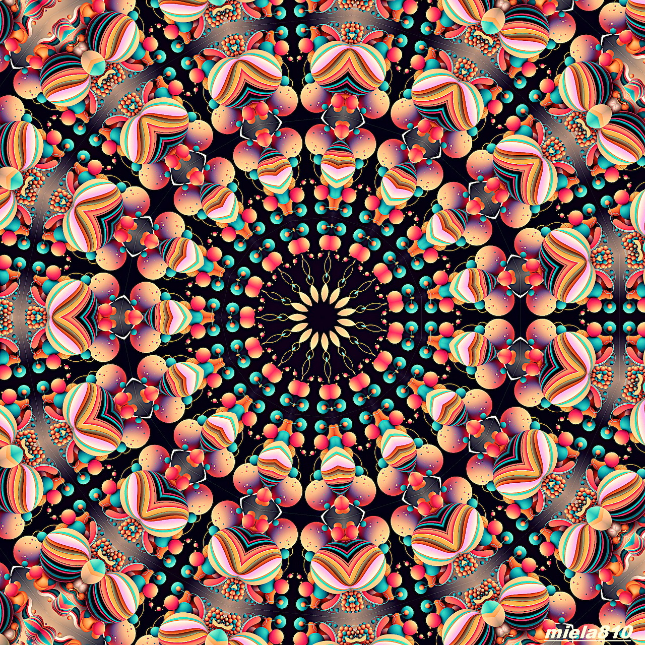 Colorful geometric mandala with coral and teal radiating patterns on black background