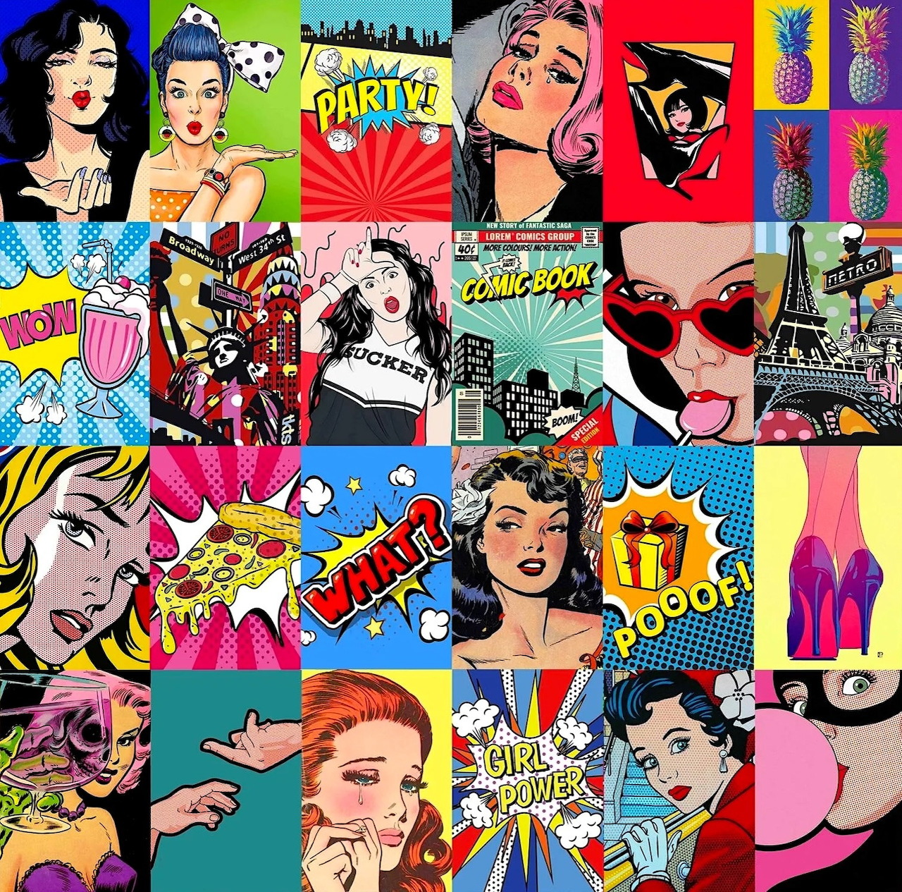 Colorful pop art collage with comic style women faces, text bursts, and retro graphics in a grid pattern