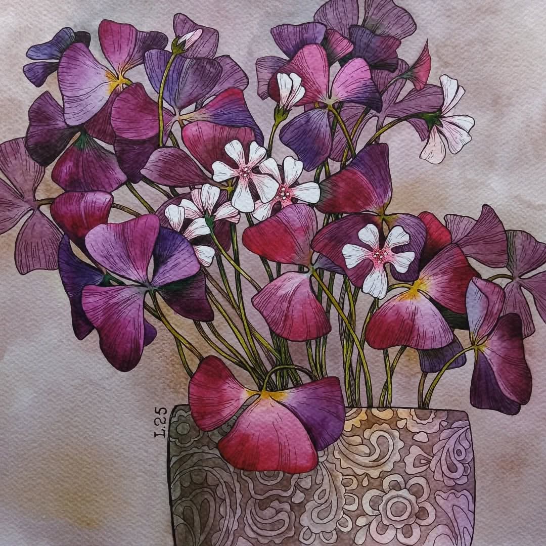 Watercolor painting of purple and pink flowers with white bloms in a decorative patterned vase