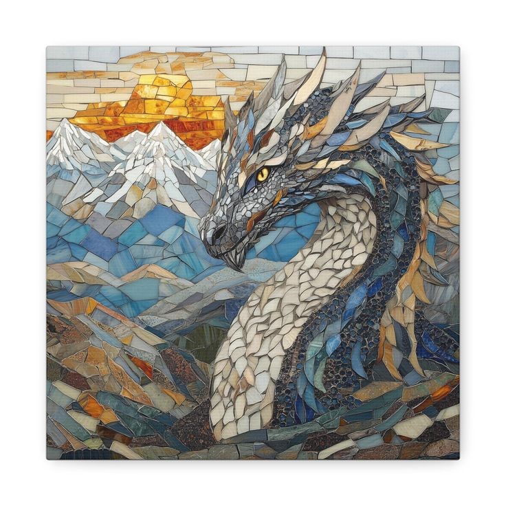 Mosaic-style dragon with mountains and a golden ship in the background