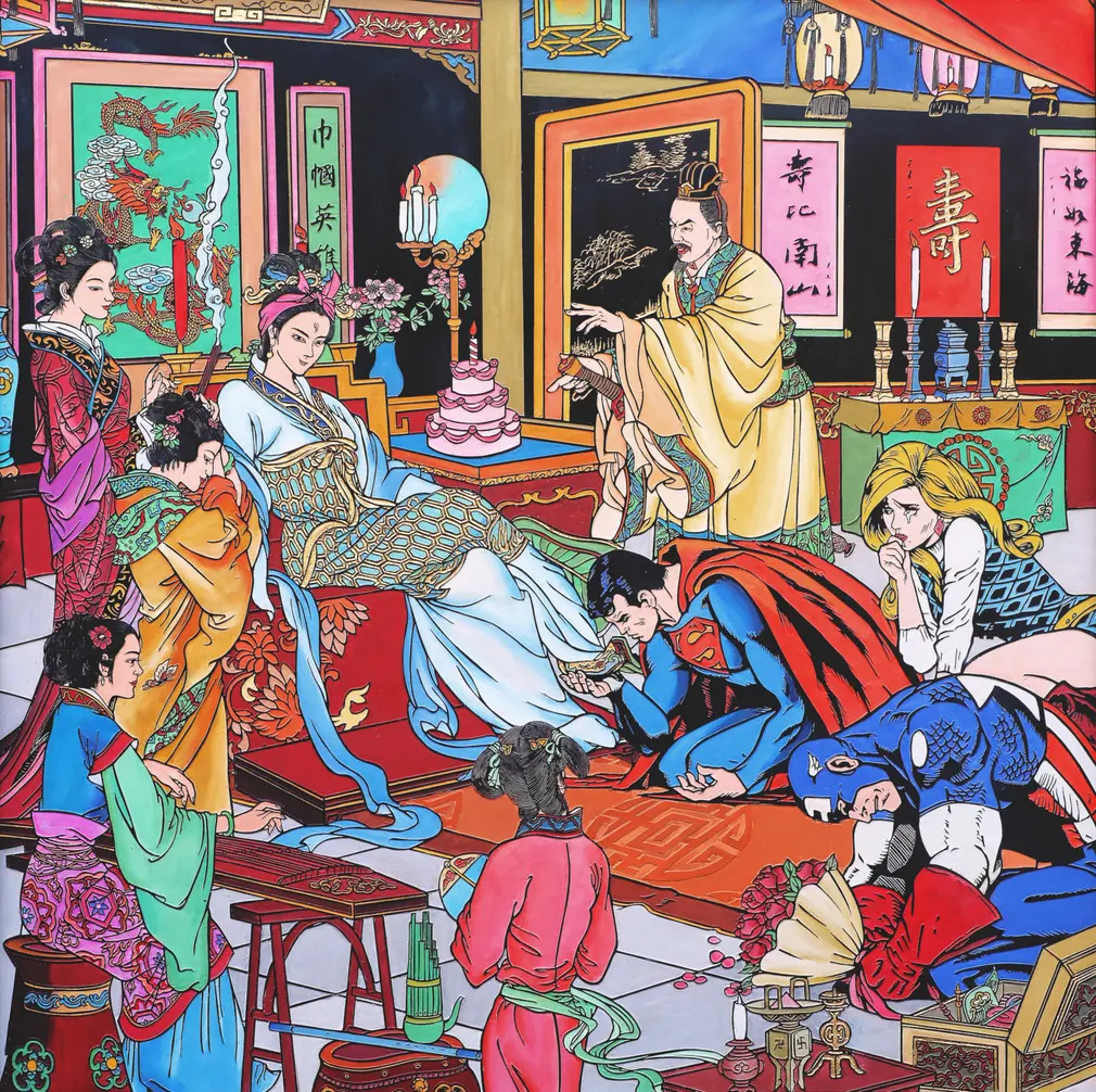 Group of people in traditional Chinese robes inside richly decorated room with wooden furniture and wall hangings