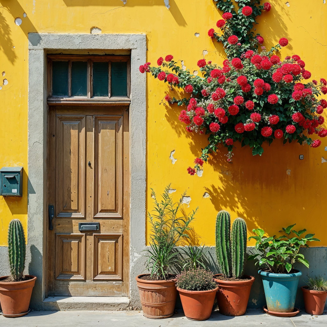 Wooden door on yellow wall with potted cacti and red flowering plant