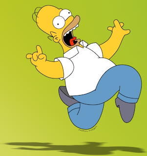 Homer Simpson jumping with arms raised and mouth open on green background