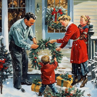 Family Decorating Christmas Porch