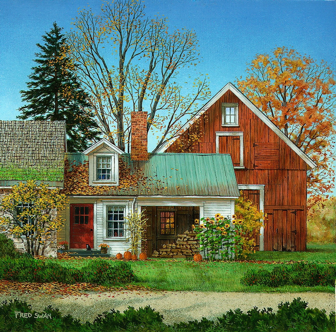 Painting of a white farmhouse with red barn and autumn trees under a blue sky