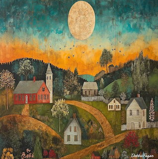 Folk art village scene with houses, church, barn on hills beneath orange sunset sky and golden moon