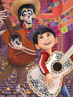 Animated boy with guitar and skeleton musician performing together under colorful papel picado banners