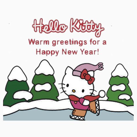 Hello Kitty in winter outfit with scarf and hat standing in front of snowy pine trees